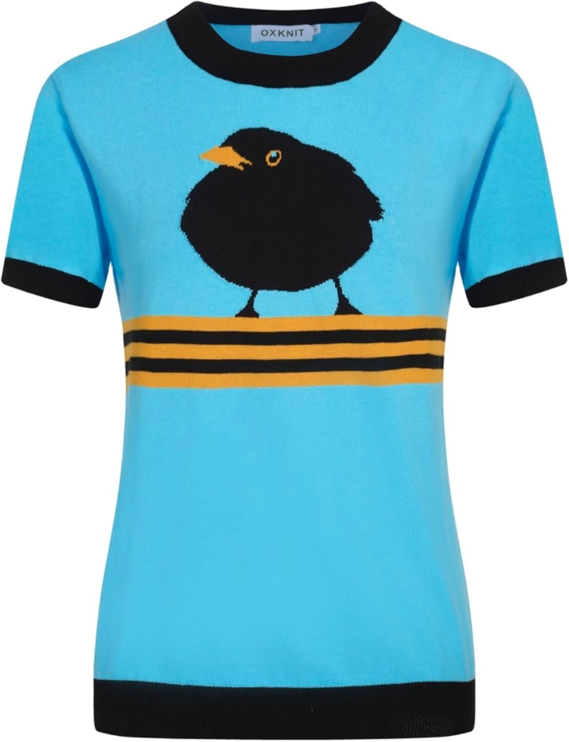 OXKNIT Women's Light Blue Knitted T-Shirt Short Sleeve, 1960s Mod Style Birds Pattern Crewneck Tops