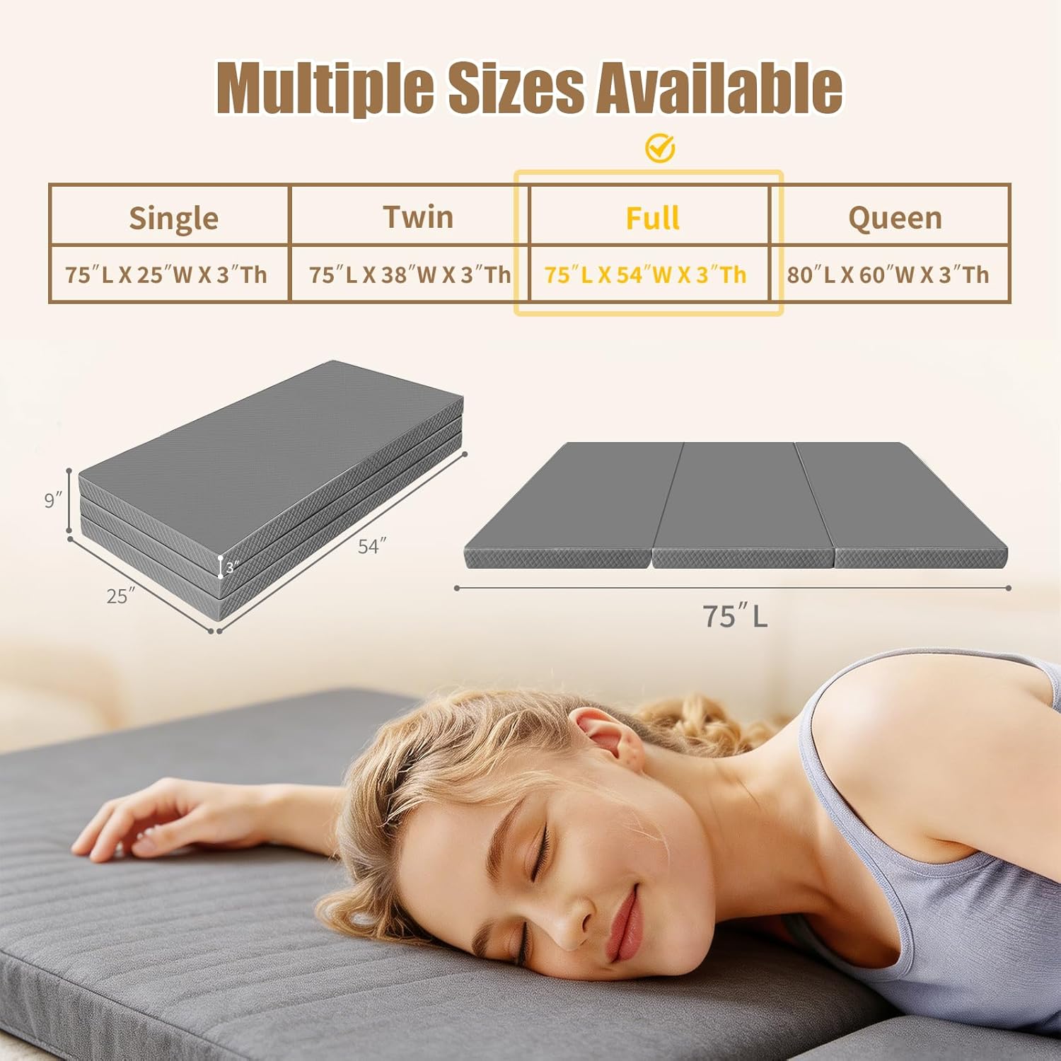 Tri-Folding Mattress, 3 Inch Portable Folding Mattress Topper with a Collapsible and Washable Cover, Portable Floor Bed for Travel, Fold Up Guest Bed, Camping and Yoga (Full, Gray) grey Full