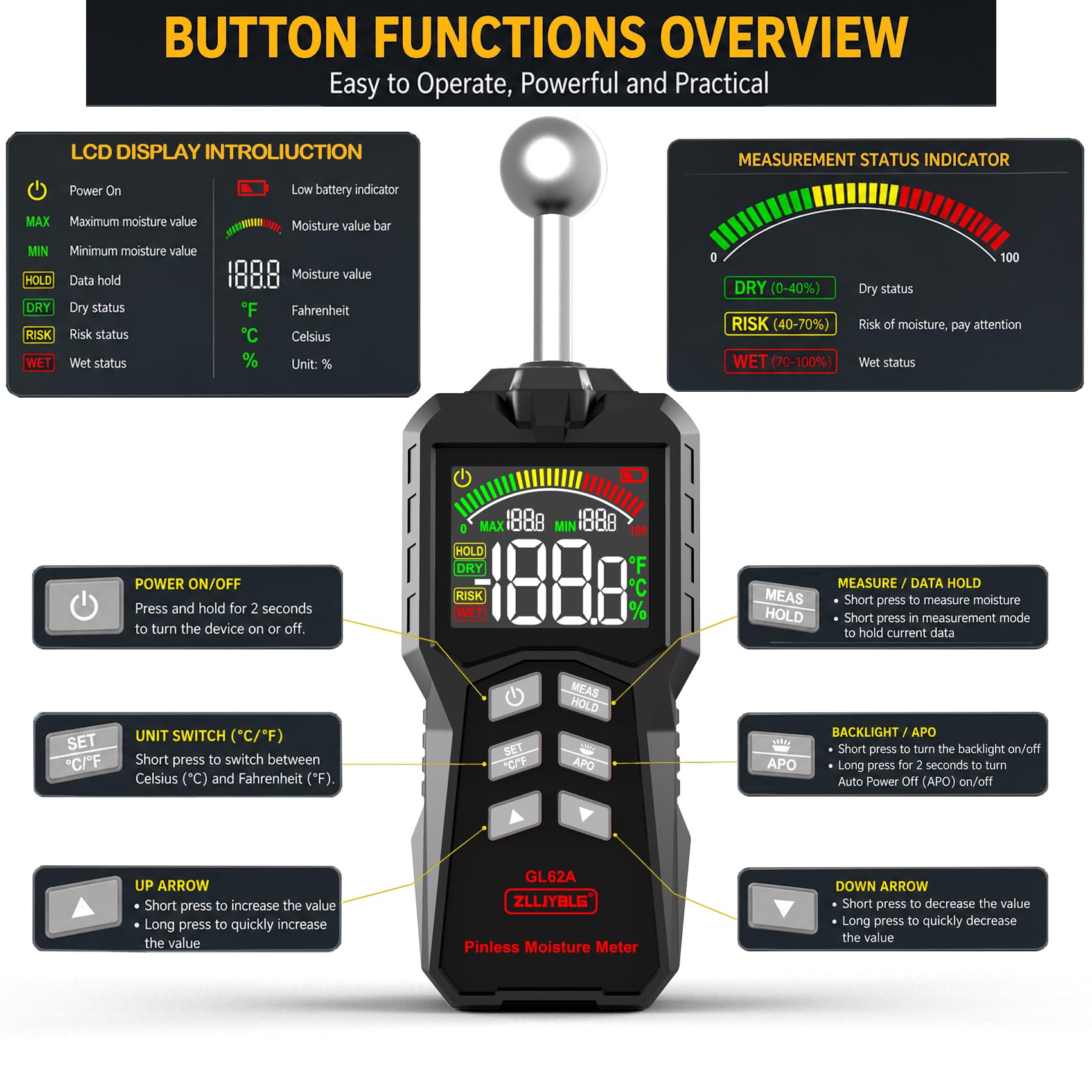Pinless Moisture Meter - Detect Wood, Walls & Leaks -4