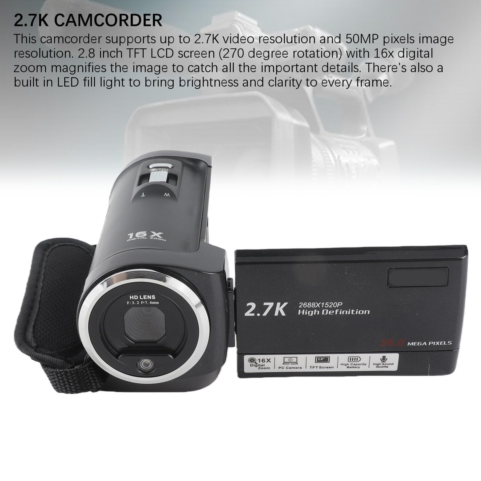 Jectse Videocamera 2,7K, Registratore con Zoom Digitale 50MP 16X, Visione Notturna IR, Touch Screen LCD da 2,8 Pollici, Videocamera per per Bambini, Adolescenti, Adulti,