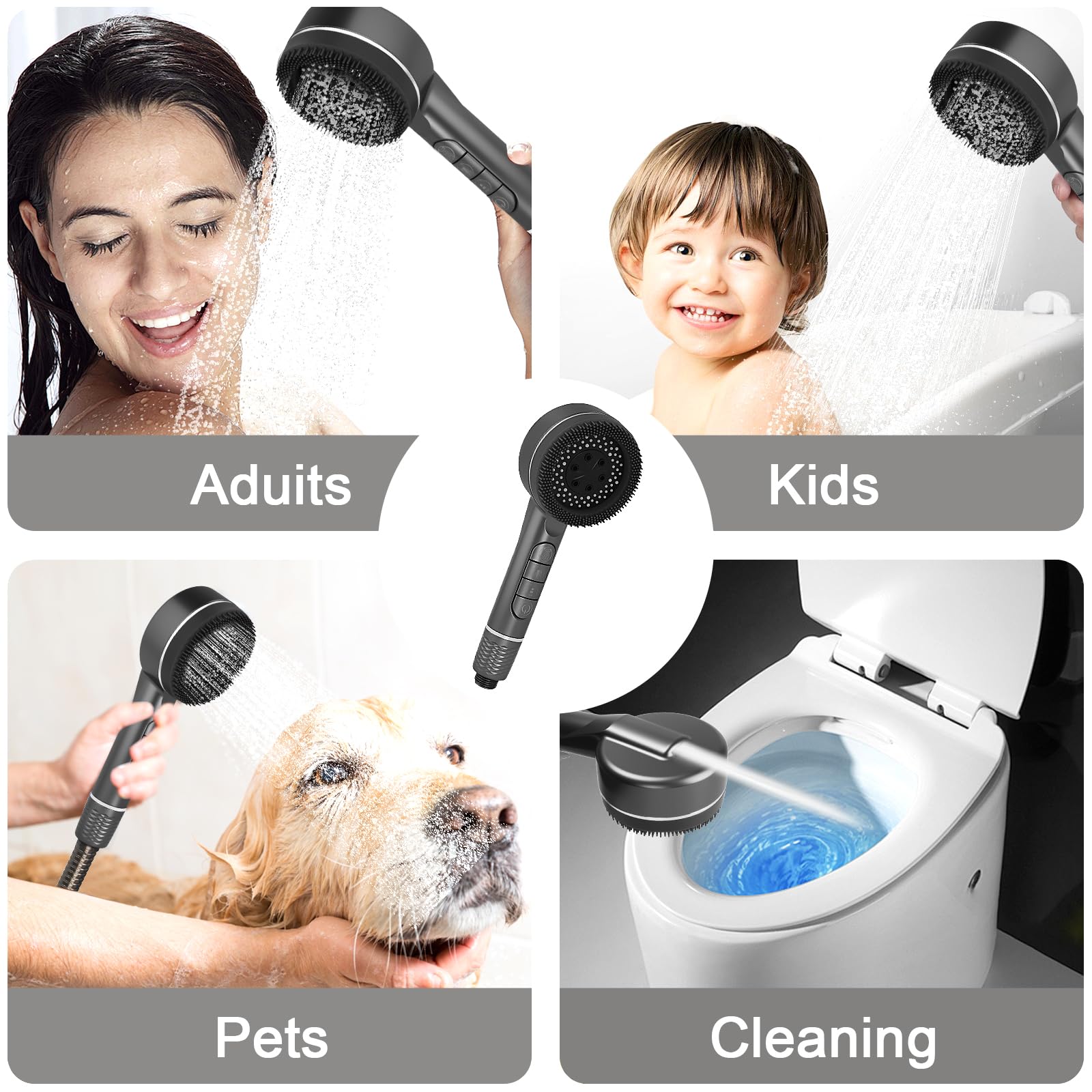 Soffione Doccino per Doccia Anticalcare con Filtro, con 1.5m Tubo Doccetta, 4 Modi Funzione alta Pressione Shower Head Risparmio Idrico, Grigio