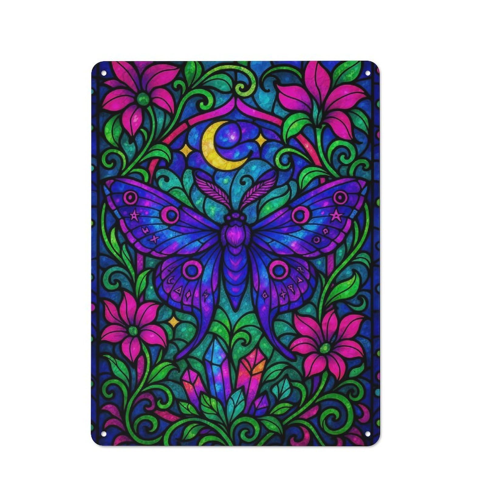 Neon Fantasy Stained Glass Moth with Moon Retro Metal Wall Decor 40x30cm, Tin Wall Sign for Bakery, Diner, Cafe Or Family Room