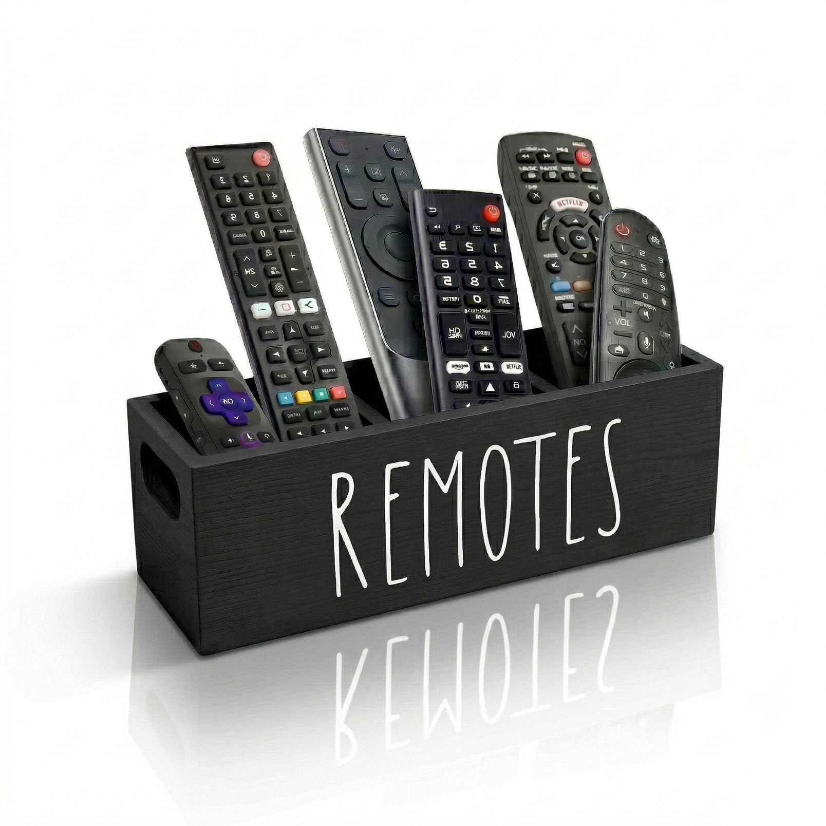 Remote Control Holder, Farmhouse Remote Storage Caddy, Bedside TV Controller Box, Rustic Wood Media Organizer Tray for Home Bedroom Table (Black)