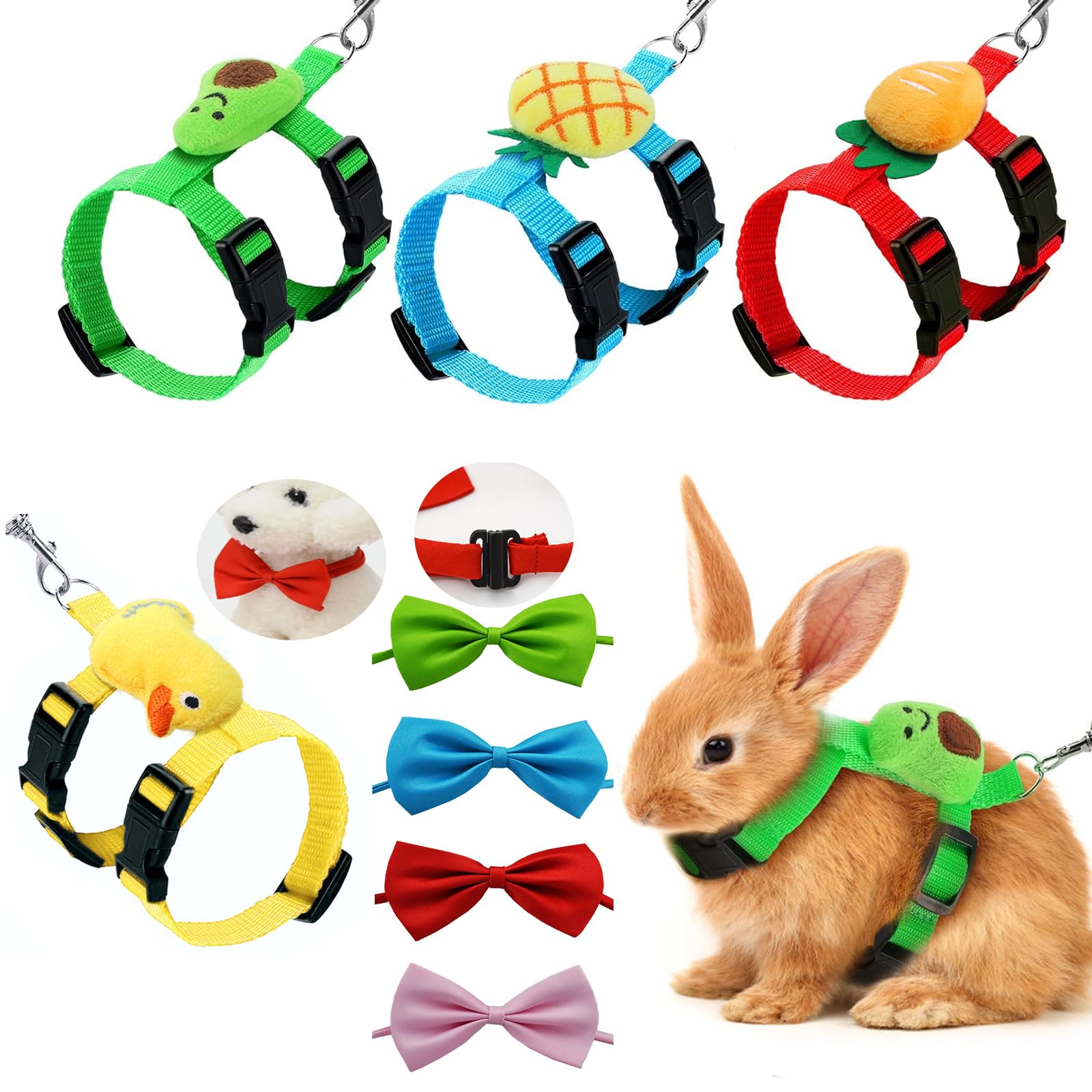 4 Sets Adjustable Rabbit Harness and Leash Set Small Pet Cute Vest Harness Leash with Decoration for Bunny Cat Dog Kitten Ferret and Other Small Pet, 4 pcs Dog Bow tie (Fruit)
