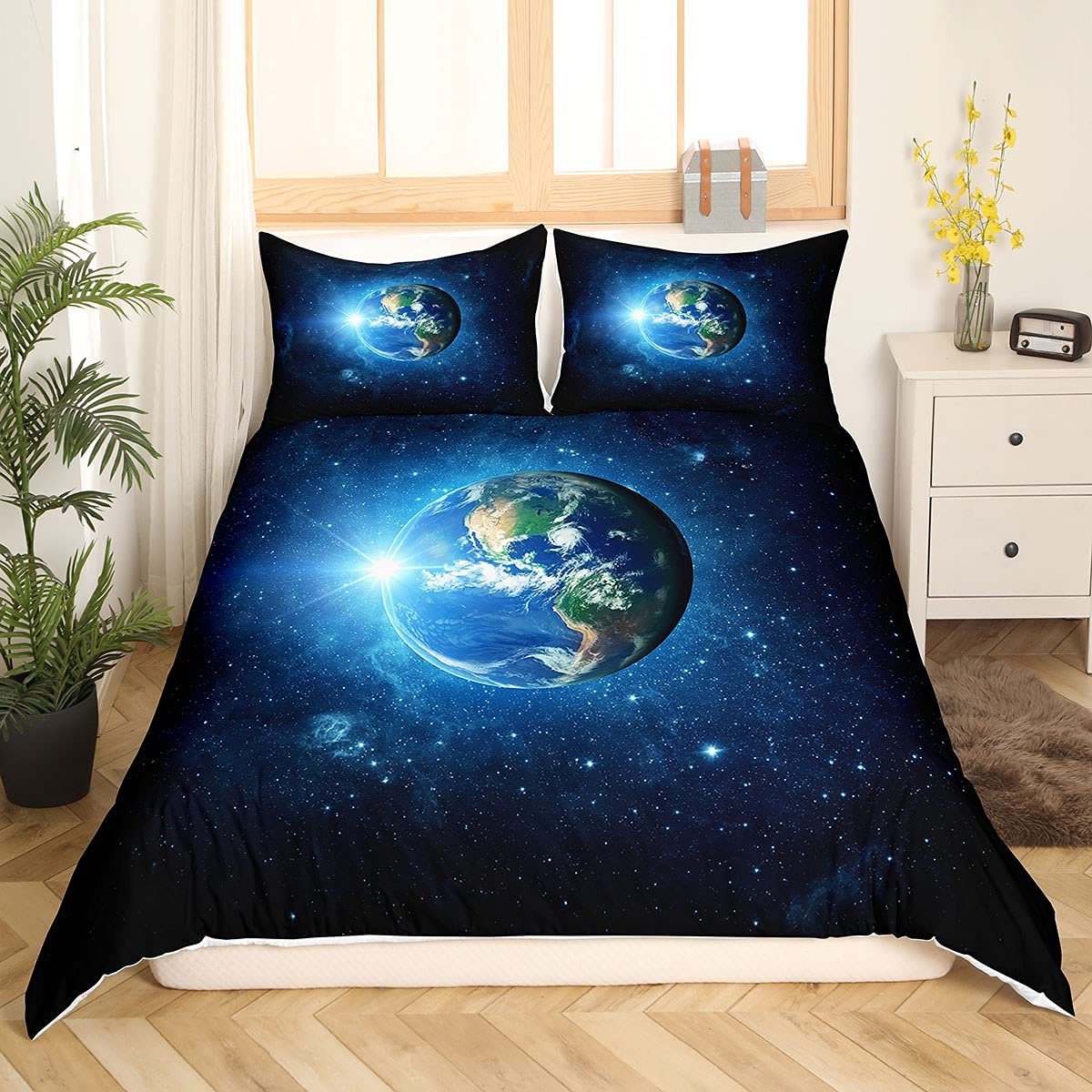 Loussiesd Earth Print Duvet Cover Universe Planet Bedding Set For Kids Boys Girls Children Galaxy Comforter Cover Ultra Soft Blue Milky Way Decor Bedspread Cover Starry Sky Double Size Zipper