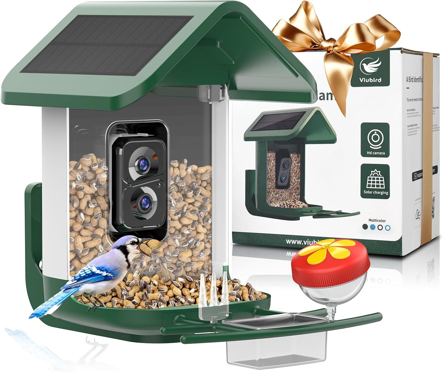 Solar Powered Smart Bird Camera Feeder: 2K Live Feed for Backyard - AI Identify Auto Capture Bird Videos, 1.8L WiFi Camera, Gifts for Birdlovers
