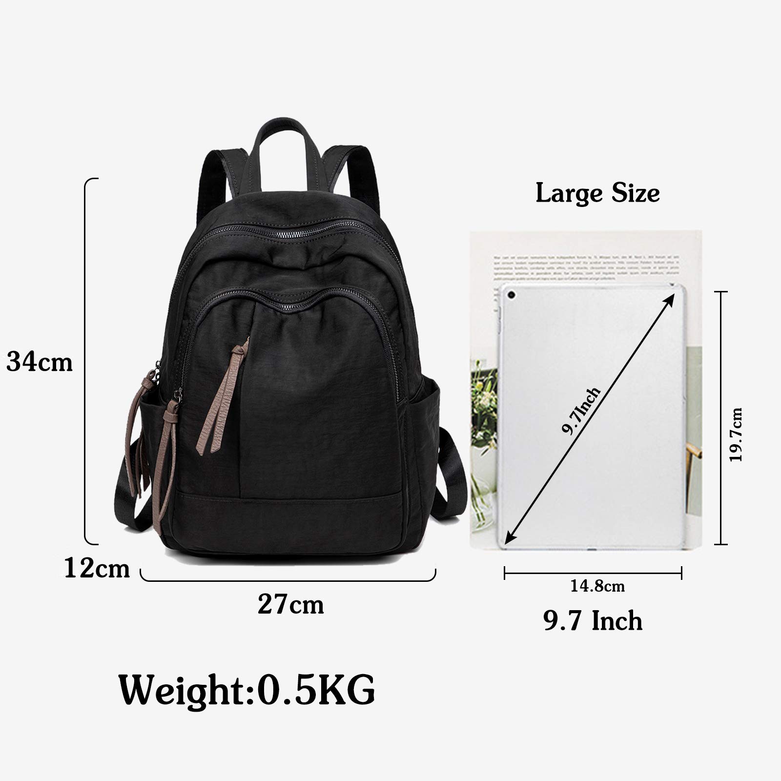 FANDARE Mujer Mochila Casual Bolso Escolar Niñas Livianas Impermeable Backpack Nylon Daypack para Viajes Compras Colegio Conmutar Negro
