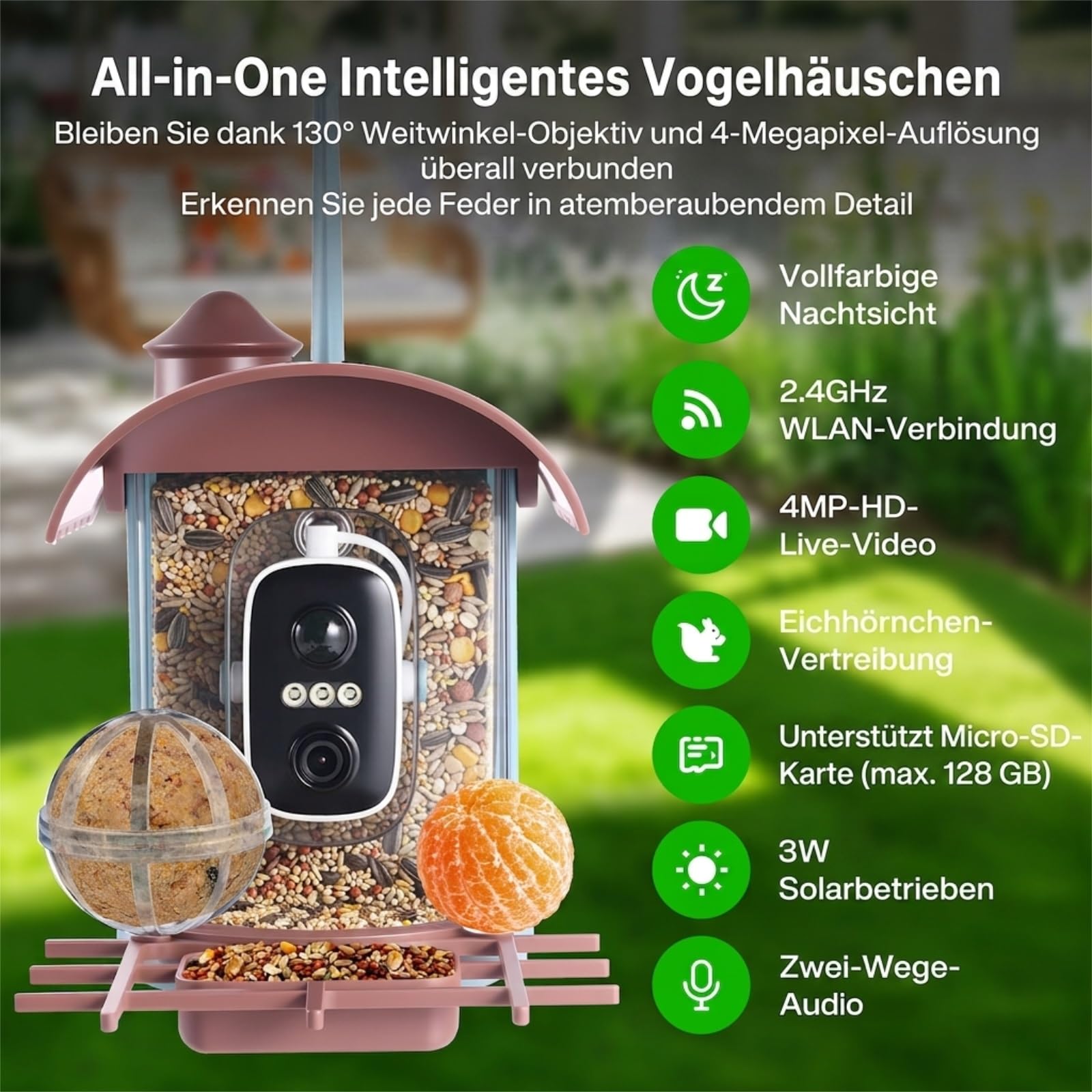 Vogelhaus mit 4MP Kamera Vogelfutterhaus Solar Vogelfutterspender & Futterstelle: Video/Fotoaufnahme, KI Identifizierung, Bewegungserkennung, Sofortiger Benachrichtigung, Nachtsicht, 2.4GHz WLAN