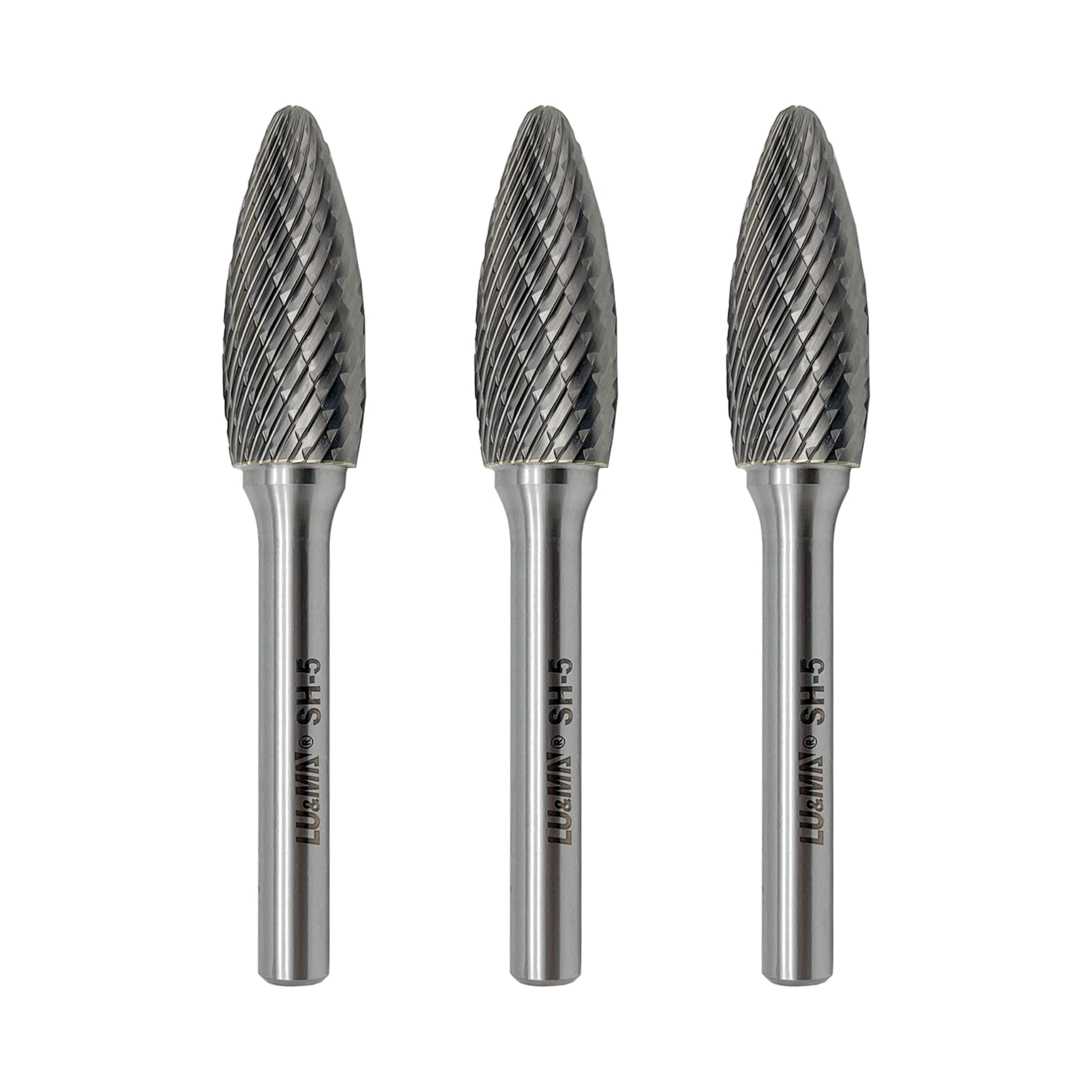 LU&MN SH-5 Tungsten Carbide Burr Rotary File Flame Shape Double Cut (1/2” Cutter Dia X 1-1/4”Cutter Length) with 1/4'' Shank Dia,3PCS