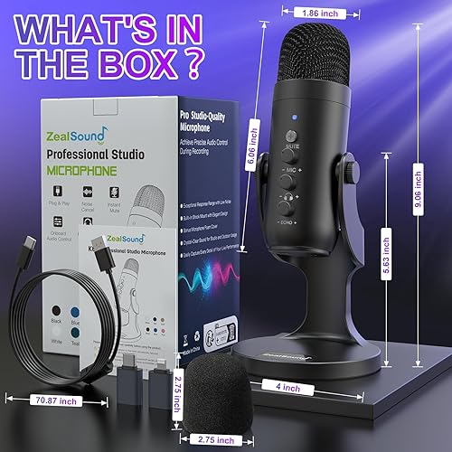 Vista 7 de ZealSound Micrófono de podcast para PC, micrófono USB con cancelación de ruido con ganancia, ajuste de volumen y botón de silencio, monitoreo y eco