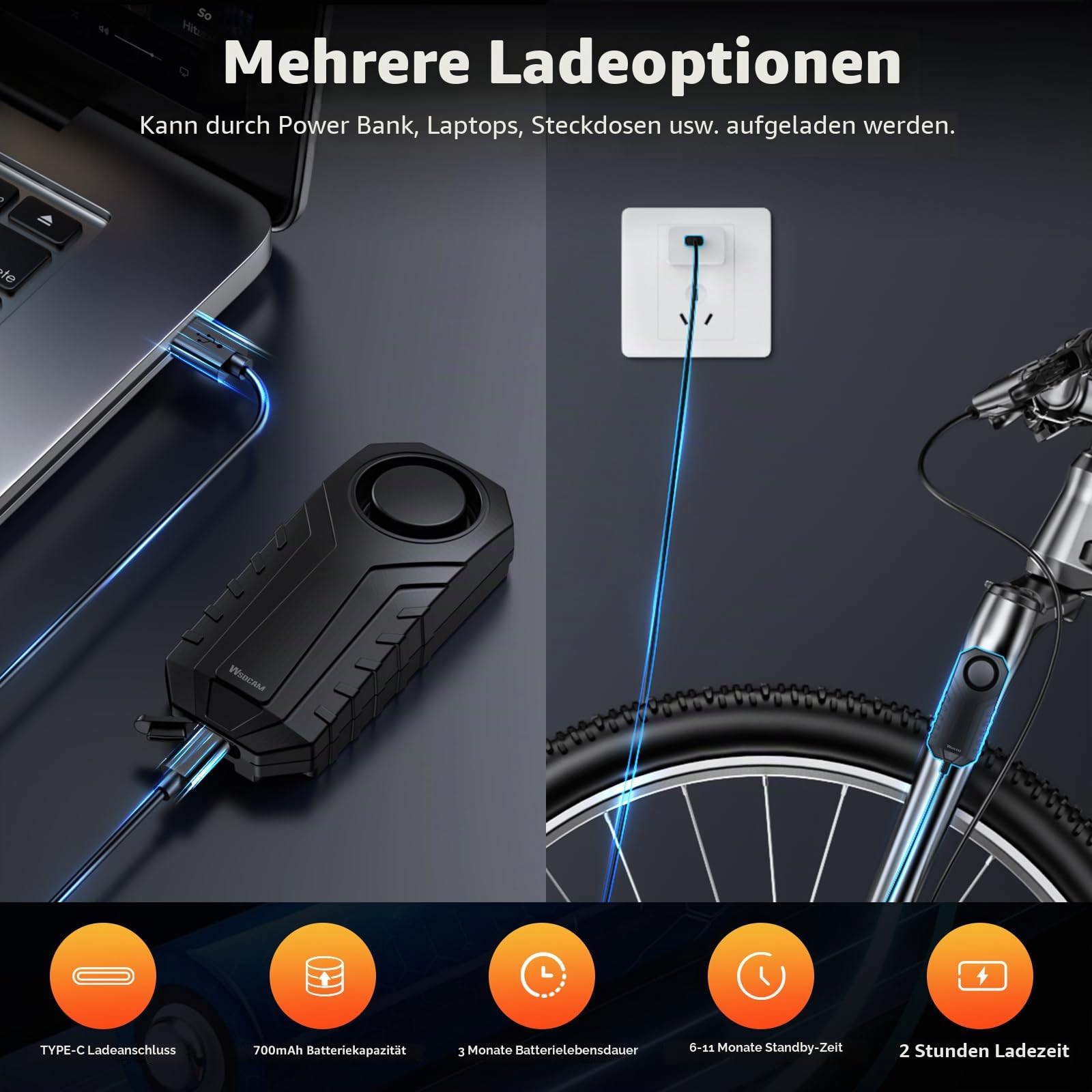 WSDCAM Kabelloser Fahrradalarm mit Fernbedienung, wiederaufladbar, 113 dB laute Fahrradalarmanlage, Diebstahlschutz, IP65 wasserdicht, Fahrradalarme für E-Bikes, Motorräder, Roller, Outdoor-Fahren und