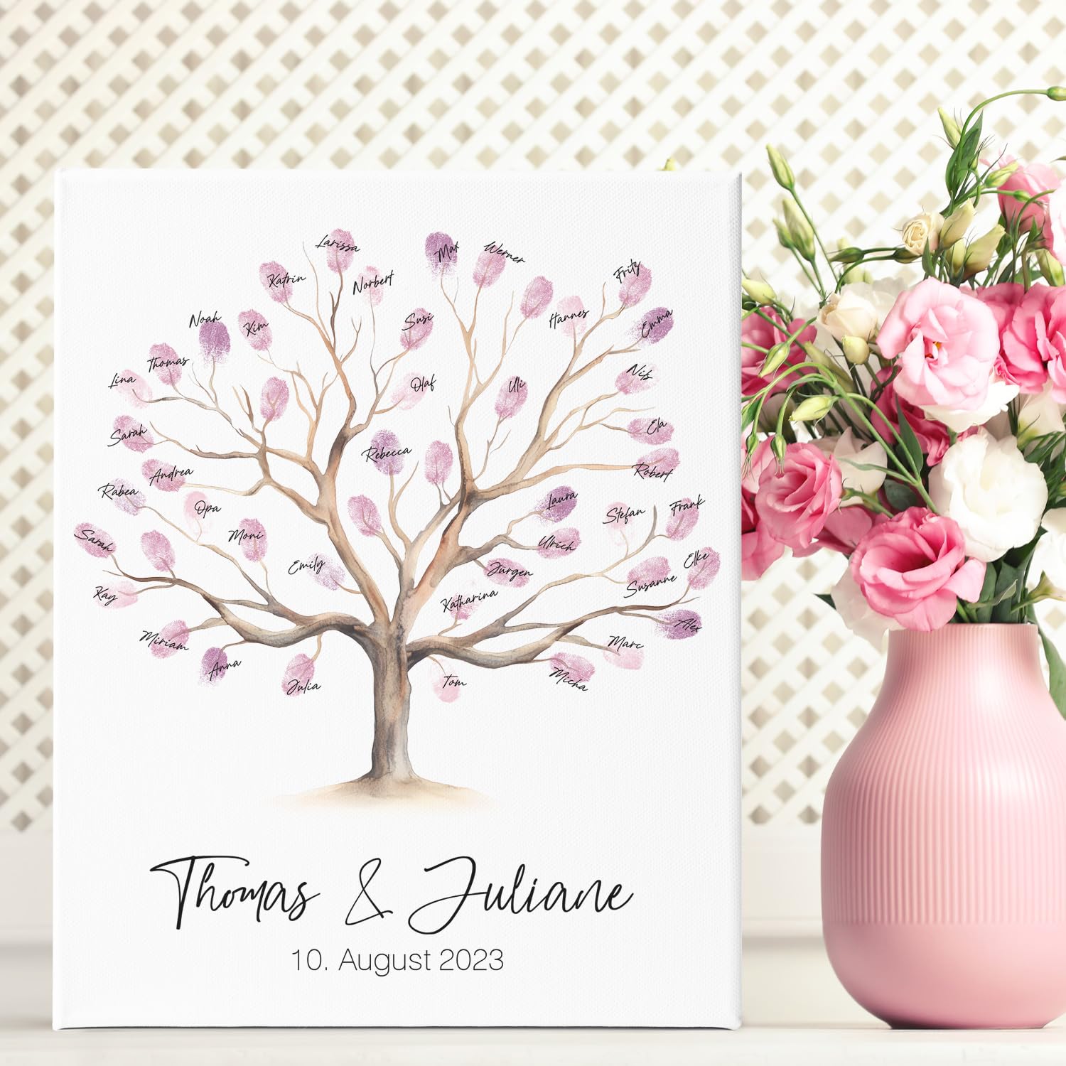 GRAVURZEILE Tela stampata, albero di nozze, personalizzabile, con nome e data, libro degli ospiti con impronte digitali, regalo di nozze personalizzato, regalo per gli sposi, 30 x 40 cm