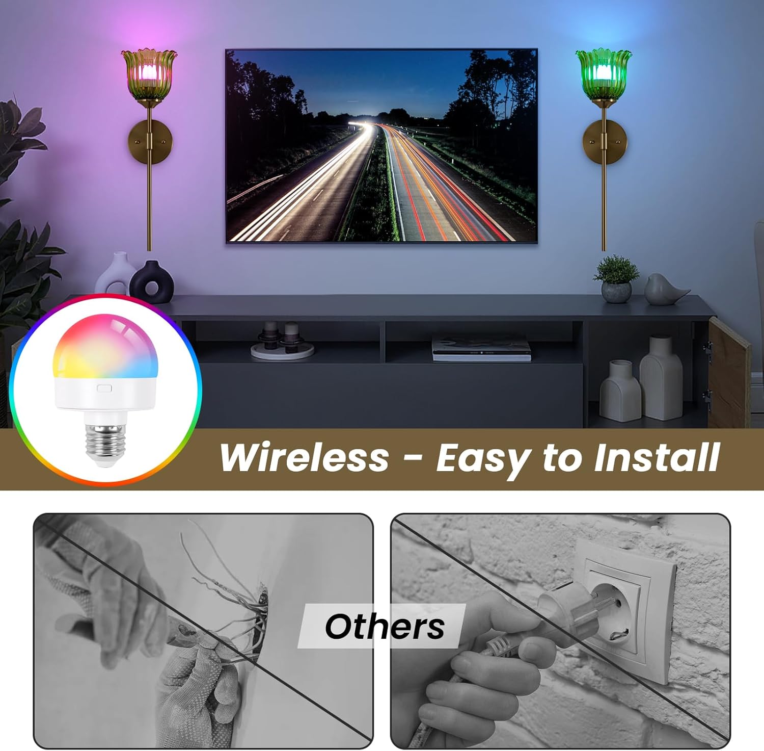 Vintage Battery Operated Wall Sconce,Rechargeable Wireless RGB Wall Lights with Dimmable Remote,Set of 2 Indoor Green Glass Lampshade Fixtures for Bedroom Living Room