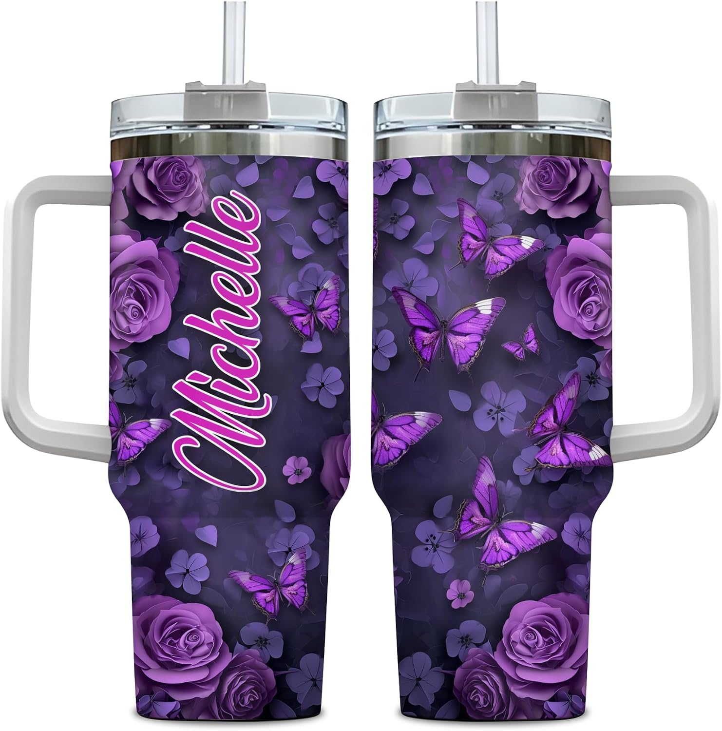 Hyturtle Personalized Purple Butterfly Tumbler - Butterfly Gifts For Women Adults - Gifts For Bird Lovers Girls - Bird Presents On Mothers Day - Custom Name Travel Coffee Cup 40 Oz With Lid And Straw