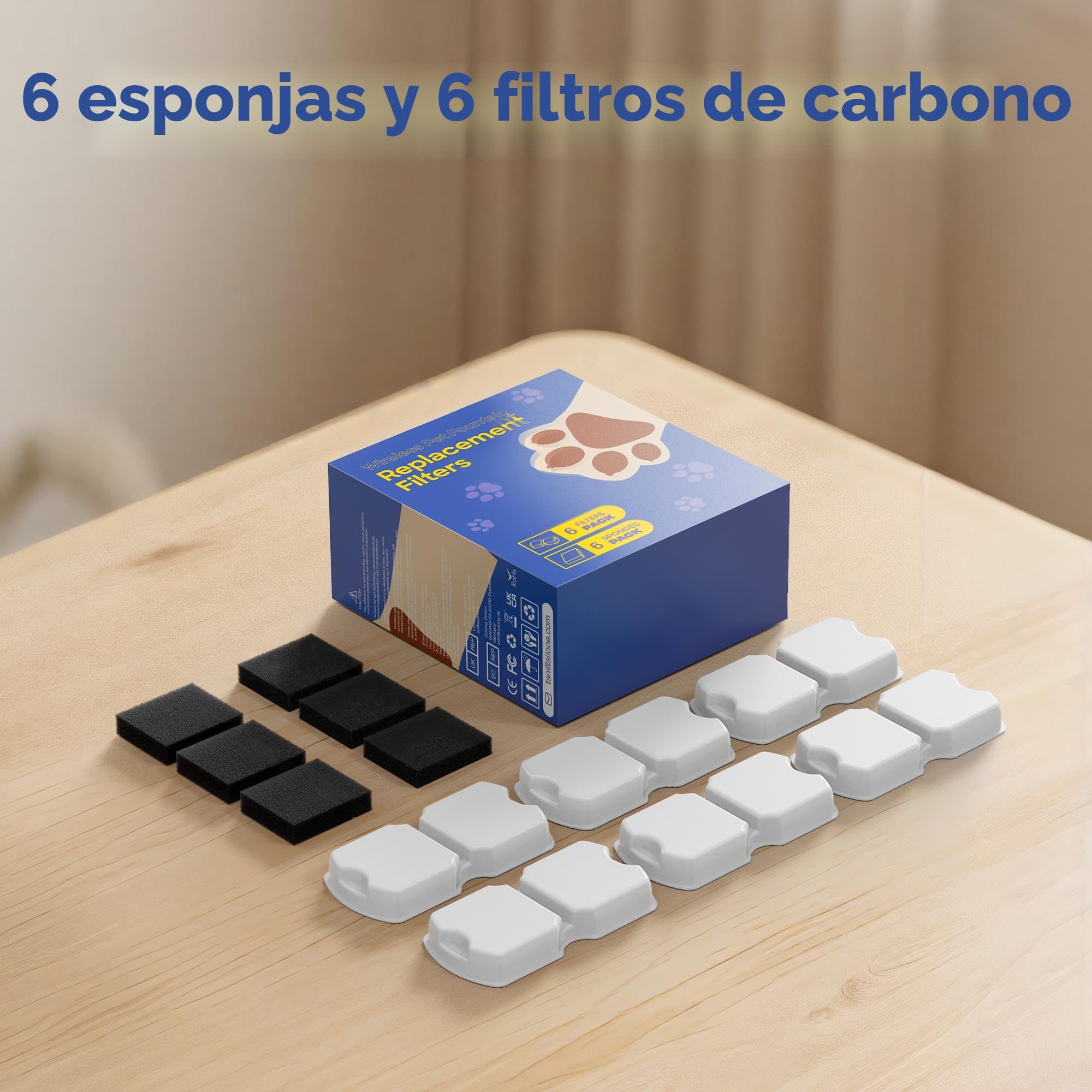 IHOUONE Filtro Fuente para Gatos: 12 Filtros Fuente Gatos - 6 Carbónfiltros + 6 Bebedero Agua Perros Esponjas - Filtración Múltiple - Adecuado para Dispensador Agua Mascota Acero Inoxidable