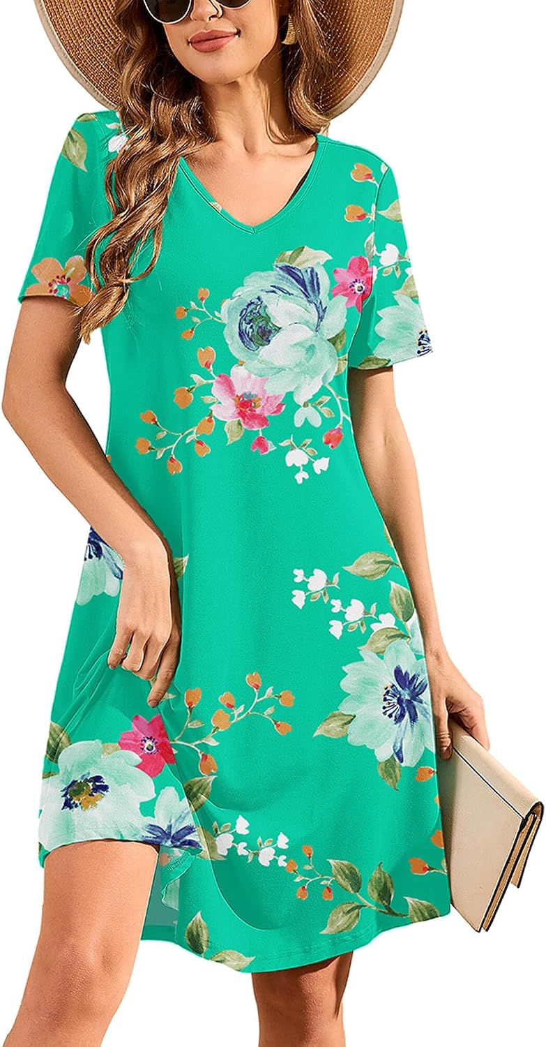 DEARCASE Summer Dresses for Women V-Neck Casual Mini Dress with Pockets