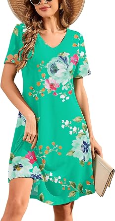 DEARCASE Summer Dresses for Women V-Neck Short Sleeve T Shirt Dress Casual Flowy Swing Beach Vacation Mini Sundress