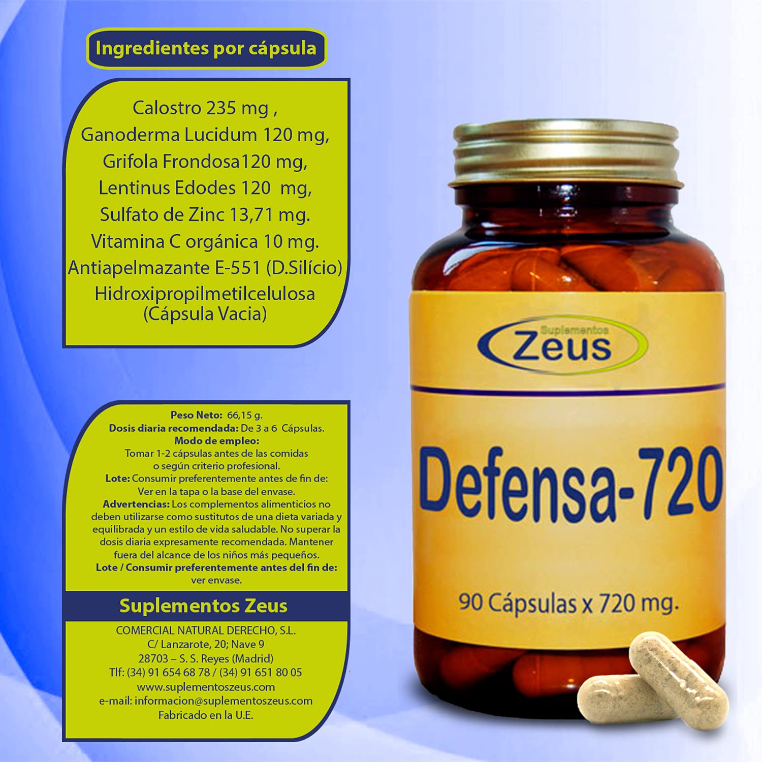 DEFENSA-720 | Contribuye al normal funcionamiento del sistema inmunitario | Complemento Alimenticio a base de Calostro bovino y Hongos | 90 Cápsulas Vegetales