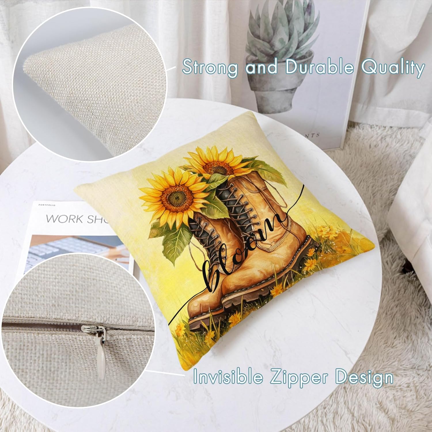 YeeJu Set of 4 Sunflower Decorative Throw Pillow Covers Square Cotton Linen Summer Cushion Covers Floral Plant Outdoor Couch Sofa Home Pillow Cases 24x24 Inch