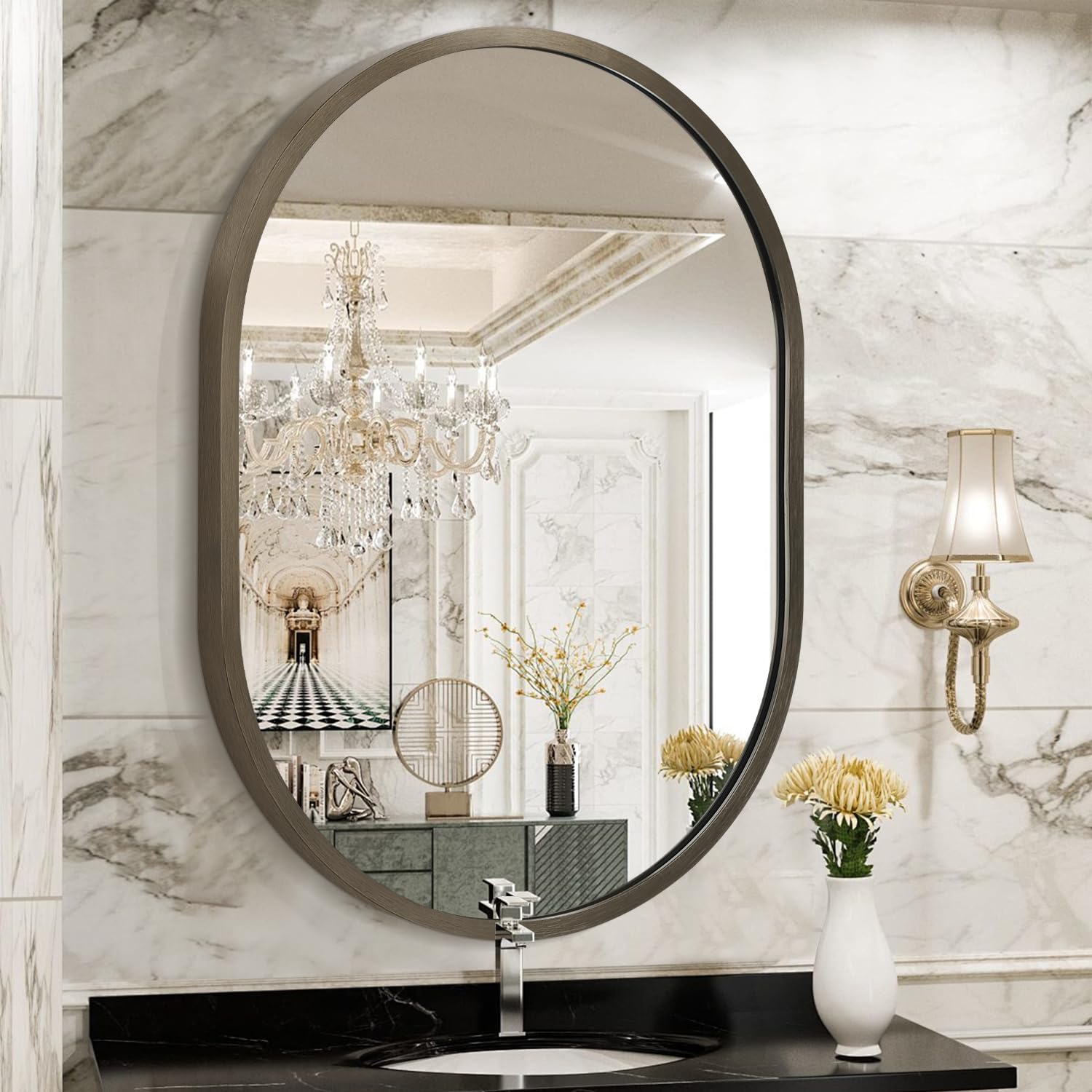 JJUUYOU Wall Mirror Small Oval Mirror for Bathroom 16"x20" Vanity Mirrors for Wall Metal Frame Make up Mirrors for Entryway Living Room Bedroom Dorm Decorative Brown