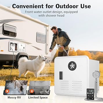 RV Tankless Water Heater with Front Shower Set, 65,000 BTU, 3.9 GPM, 2.80kPa, 12V Instant Endless Hot Water, Remote Control, Front Outlet for All RVs, 15 x 15 inches White Door