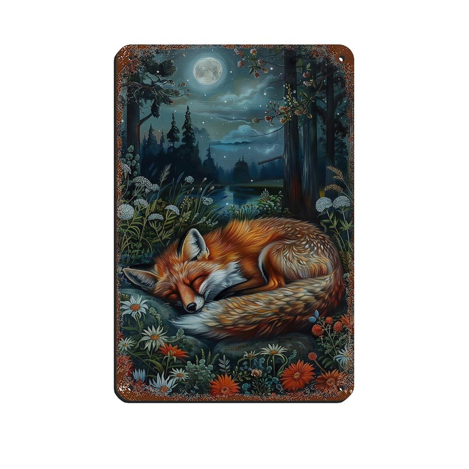 Lxwnze 20L X 30W Cm Wild Fox Sleeping In The Forest Poster Tin Sign Vintage Metal Pub Club Cafe Bar Home Wall Art Decoration Poster Retro 8X12inch(20X30cm)