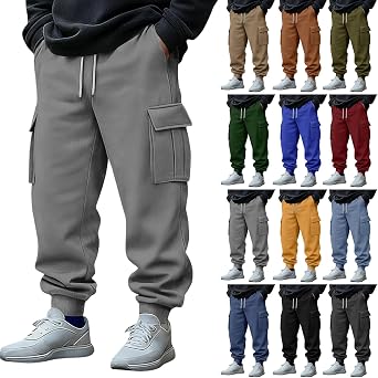Mens Cargo Sweatpants Elastic Waist Drawstring Fleece Baggy Sweatpants Cinched Bottom Warm Hiking Trousers w/Pockets