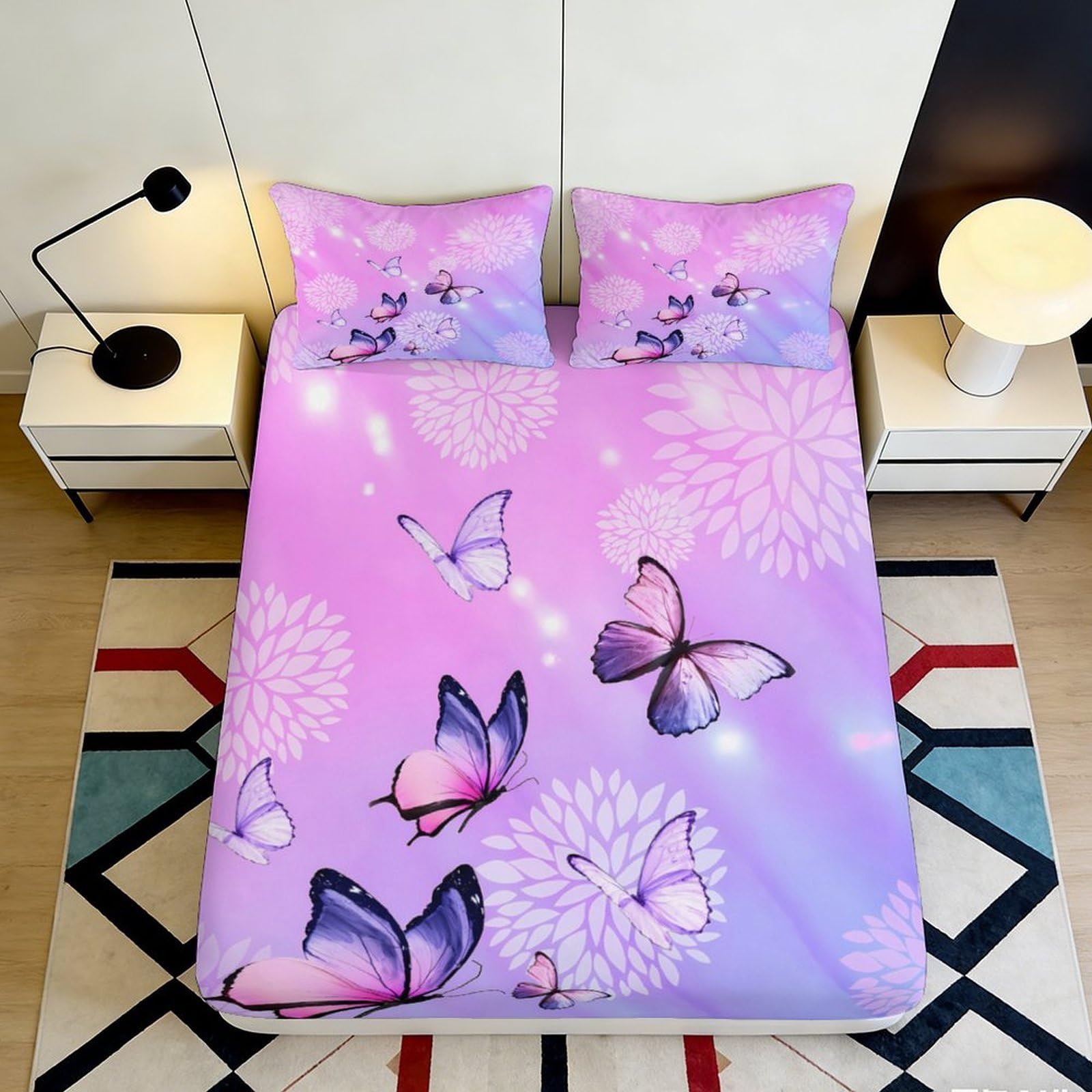 3D Printed Purple Butterfly Fitted Sheet Microfiber Floral Mattress Cover Anti-Slip Machine Washable Bedroom Decor 180x200x25cm