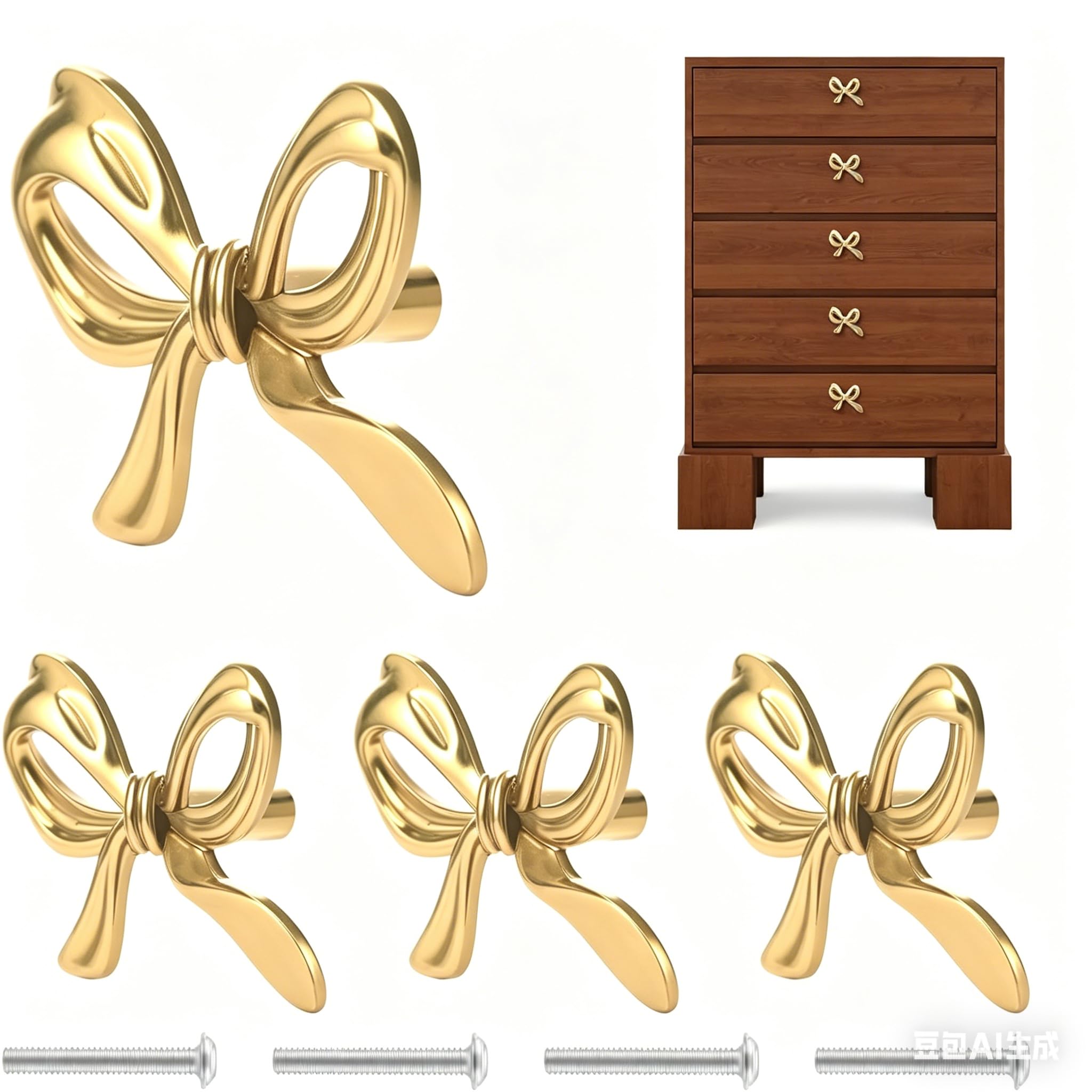 Yuekuntj Gold 4Pcs Brass Bow Shape Cabinet Knob, Bow Cupboard Pull Handle, Vintage Brass Bowknot Pull, Cabinet Hardware Knob Pulls For Home Kitchen Cabinets Dresser Wardrobe Drawer Handle
