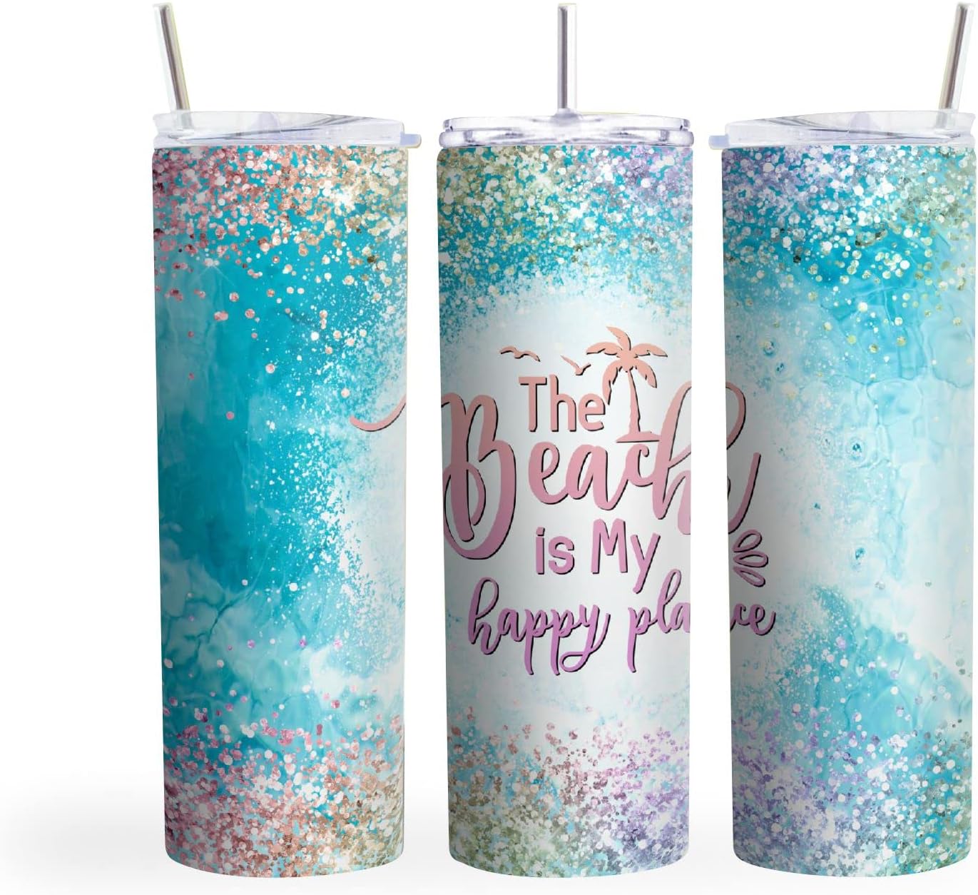 MRC Wood Products20oz Skinny Tumbler The Beach Is My Happy Place - Stainless Steel Double Wall Insulated Cup With Lid And Straw