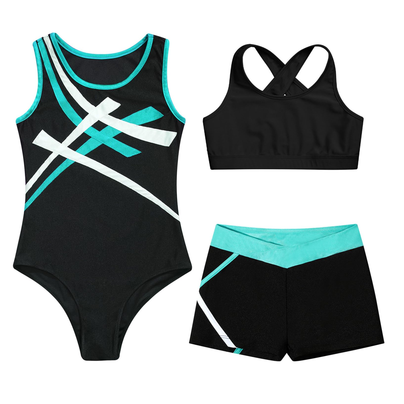 Oyolan Ensemble Sport Fille Enfant Justaucorps Gymnastique Tank Top Sport Short de Gym Fitness Yoga Workout Sportwear