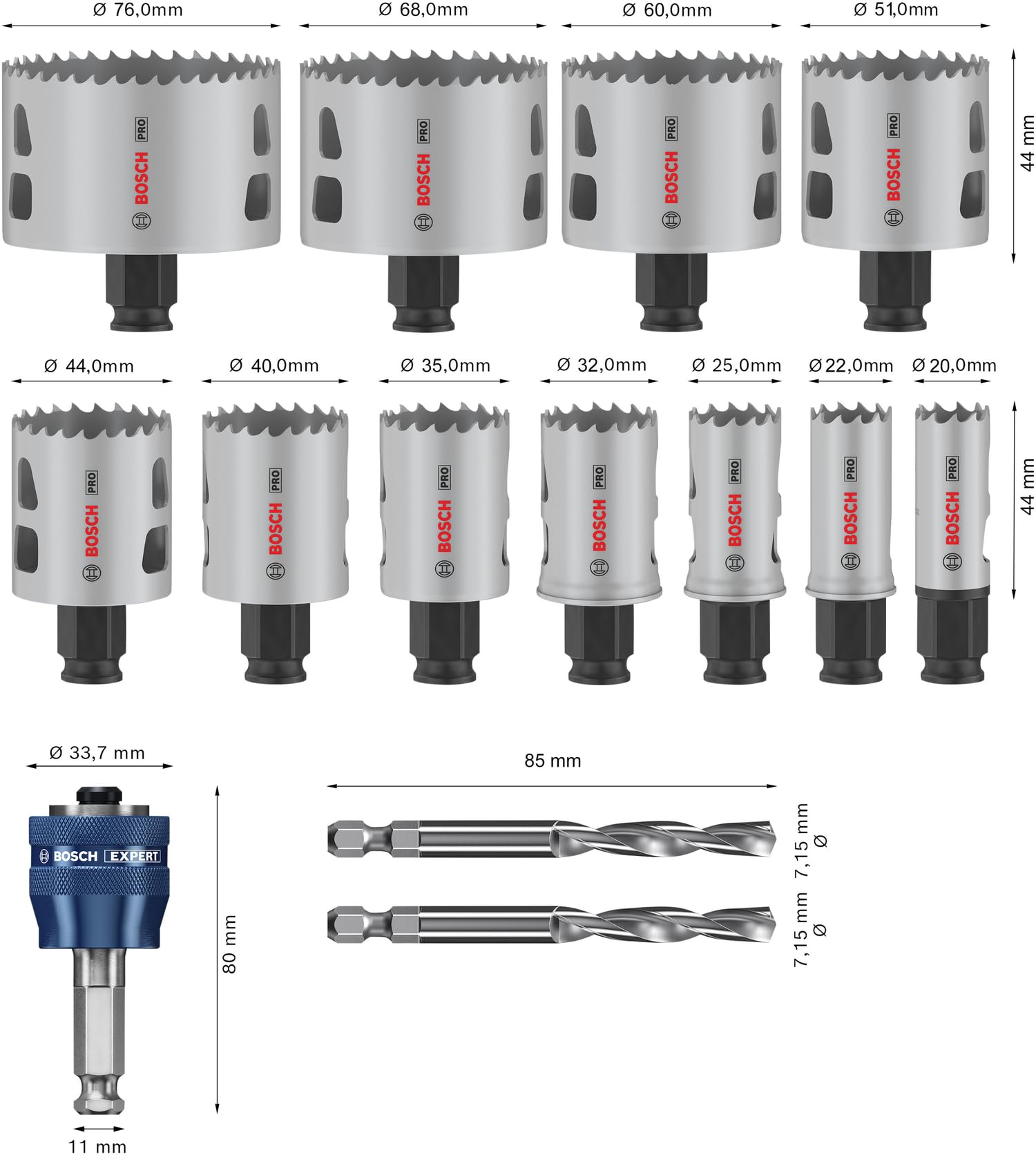 Bosch 14x PRO Multi Material Power Change Plus Lochsäge-Set – Transparentes Etui (für Weichholz, Trockenbauwand, Ø 20-76 mm, Professional Zubehör Bohrmaschine)