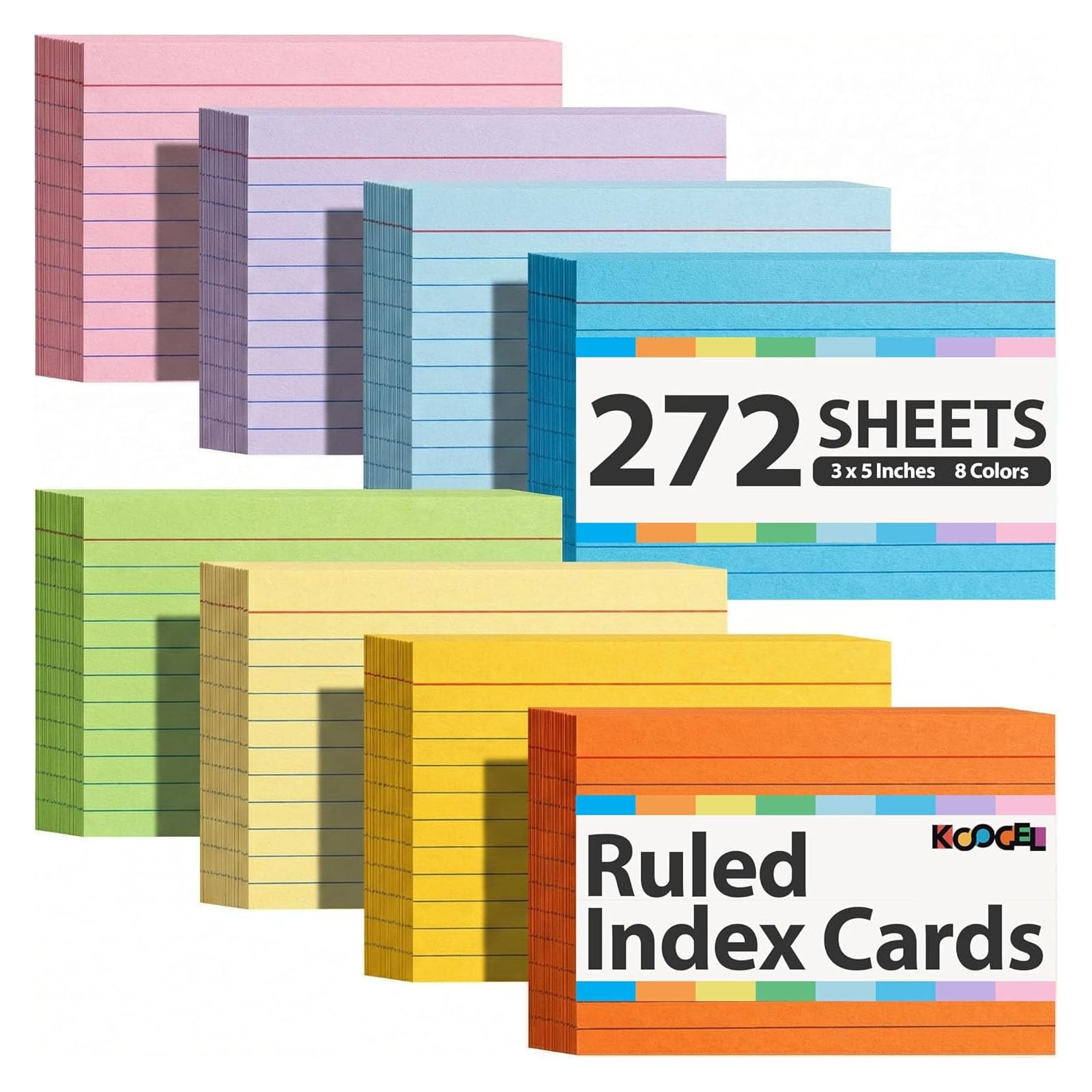 Koogel 272 Count Index Cards 3x5, Colored Ruled Flash Cards for Studying