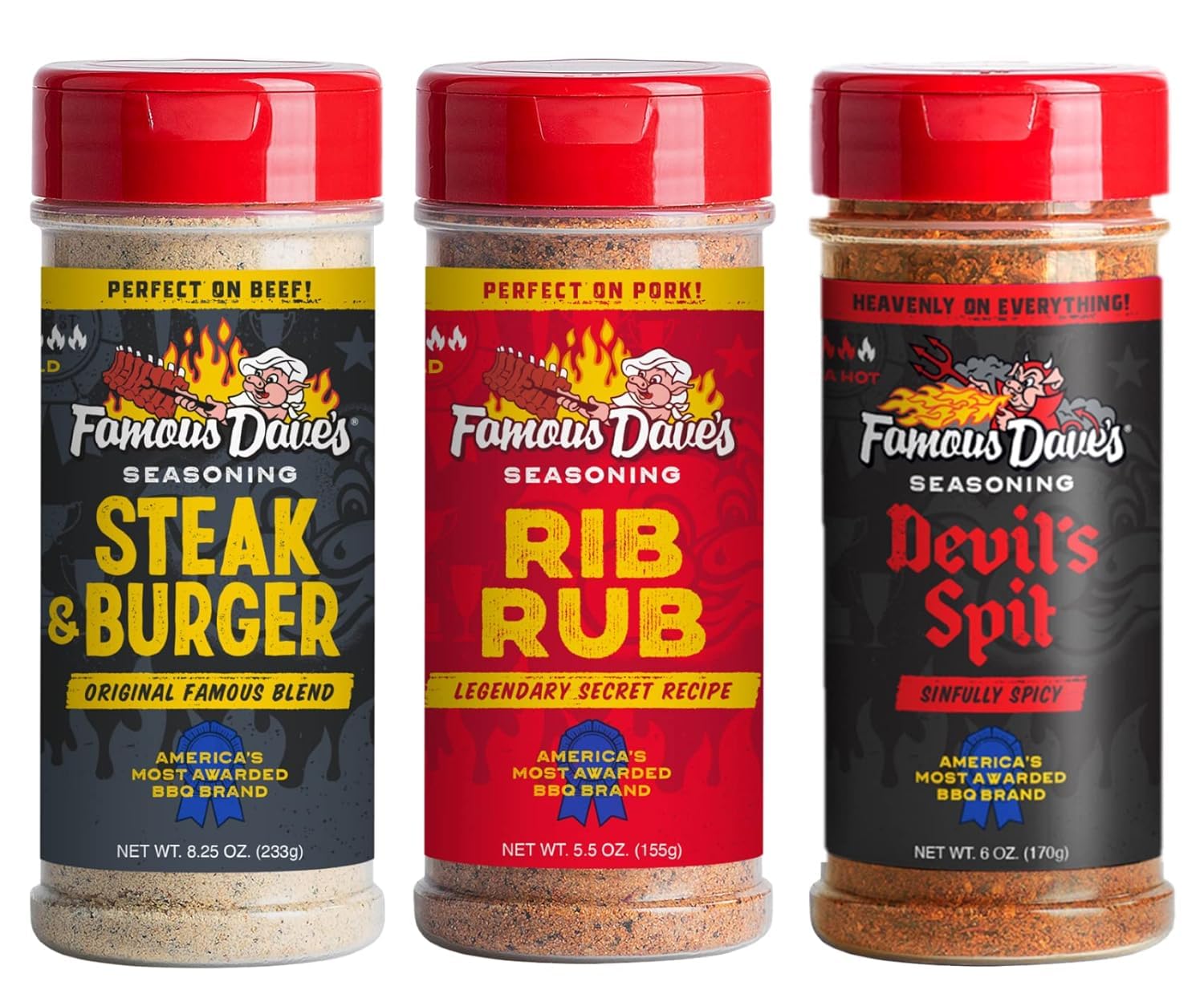 Famous Dave'sSeasoning Variety 3-Pack With Fiery Devil's Spit, Steak & Burger, Rib Rub For Beef or Pork, Fire Up The Grill…