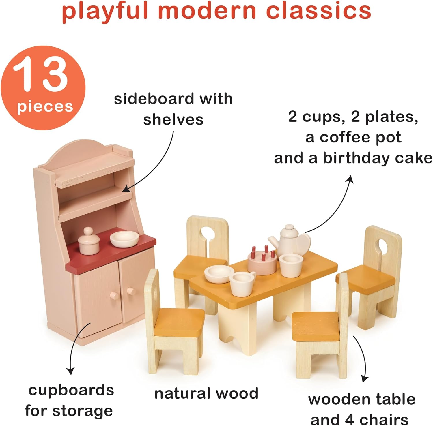 Mentari Toys - Dining Room - Wooden Dollhouse Furniture Set for Dollhouse Dining Room - Furniture Incl Table, 4 Charis, Sideboard and Other Accessories - Age 3+