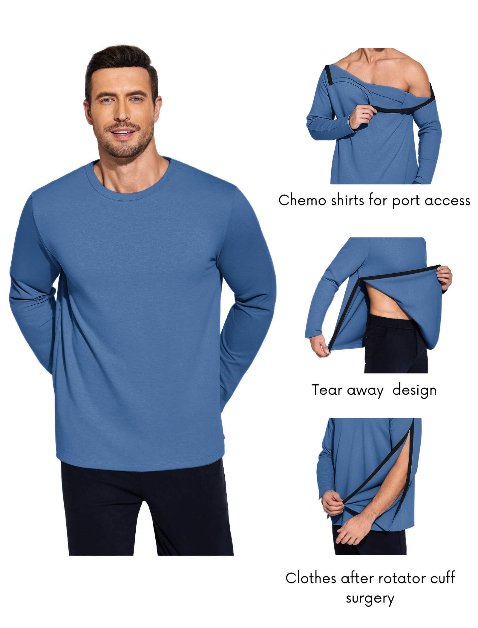 Deyeek Post Shoulder Surgery Recovery Shirts for Men Chemo Port Access Top Snap Full Tear Away Long Sleeve