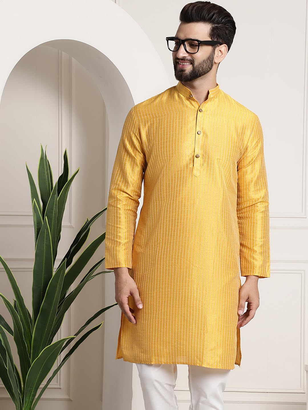 Sojanya (Since 1958 Men's Silk Blend Mustard Color Striped Design Only Long Kurta