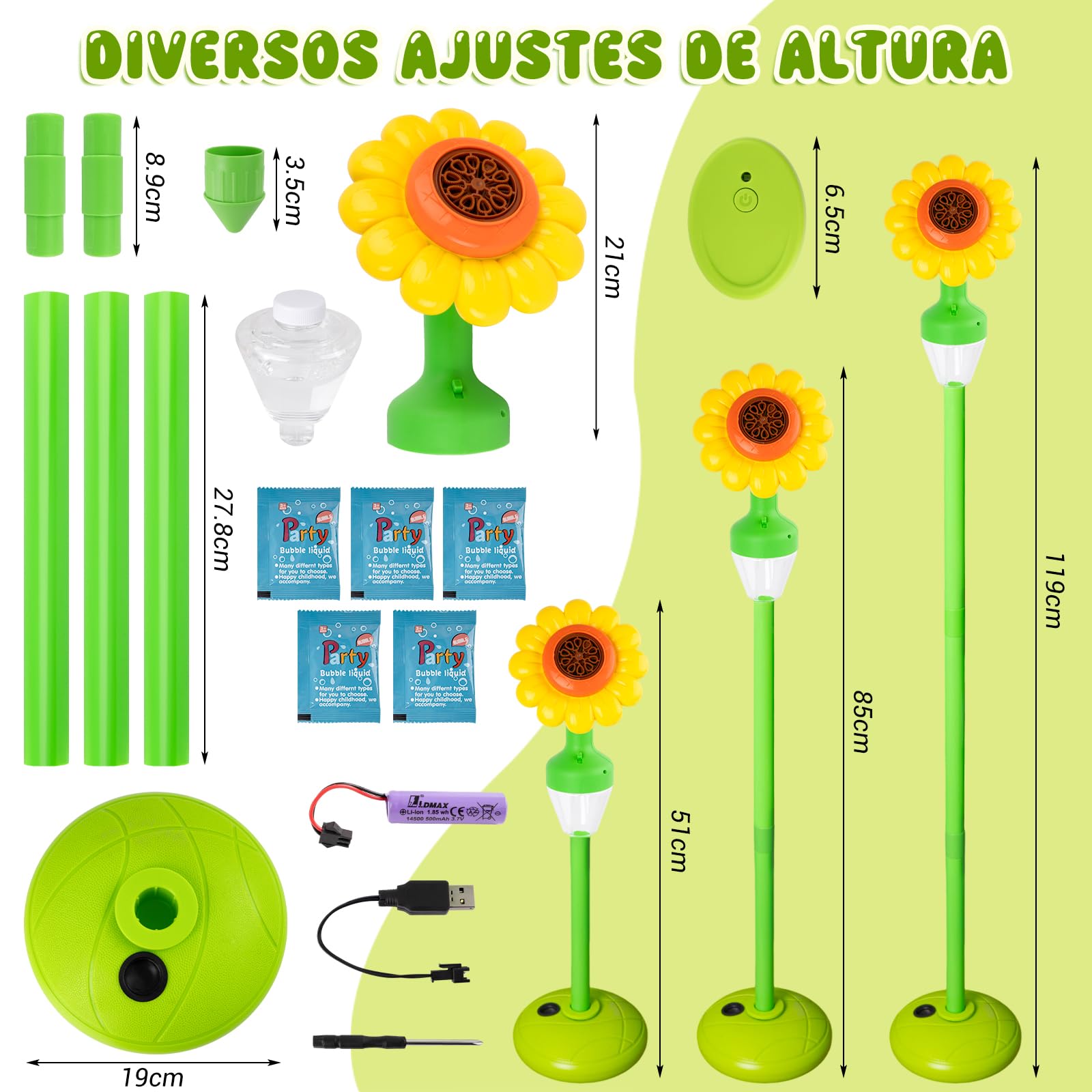 Maquina de Burbujas Automatica, Máquina de Burbujas Recargable con Luces y Música para Niños, Jardín, Cumpleaños, Boda, Fiesta, Altura Ajustable 51cm-119cm, con Control Remoto (Amarillo)