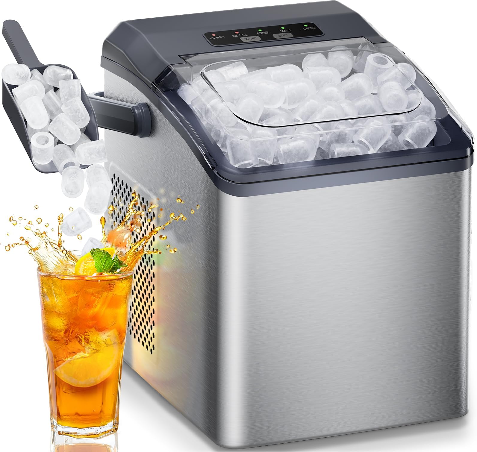 HOMEZAY Ice Maker Countertop, 9 Cubes Ready in 6 Mins, 26 lbs per Day, Ice Machine with 2 Ice Sizes and Self-Cleaning, Portable Ice Maker with Handle for Home, Kitchen, Camping, RV, Office, Silver