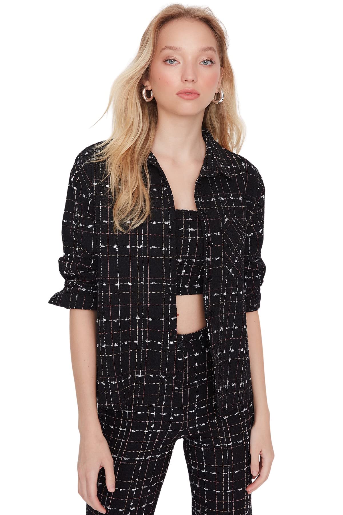 Trendyol Women Oversize Basic Shirt Collar Woven Shirt Schwarz