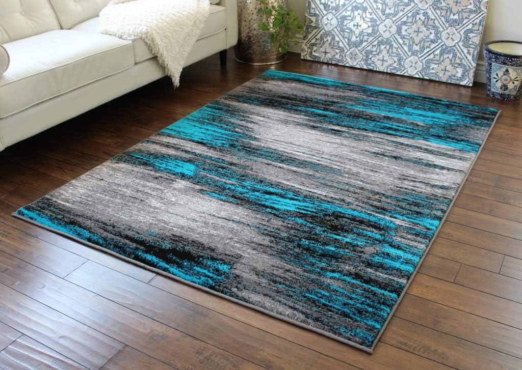 Masada Rugs, Modern Contemporary Area Rug, Turquoise Grey Black (5 Feet X 7 Feet)
