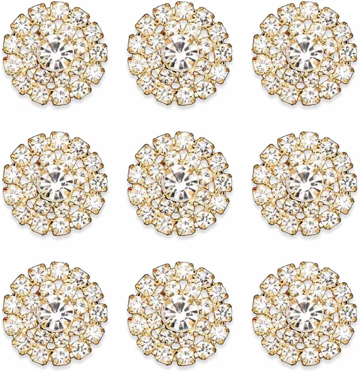 30PCS Plated Round Flower Bead Rhinestone Embellishment Button for Handmade DIY Clothing Shoes Hat Decoration (Rhinestone Gold)