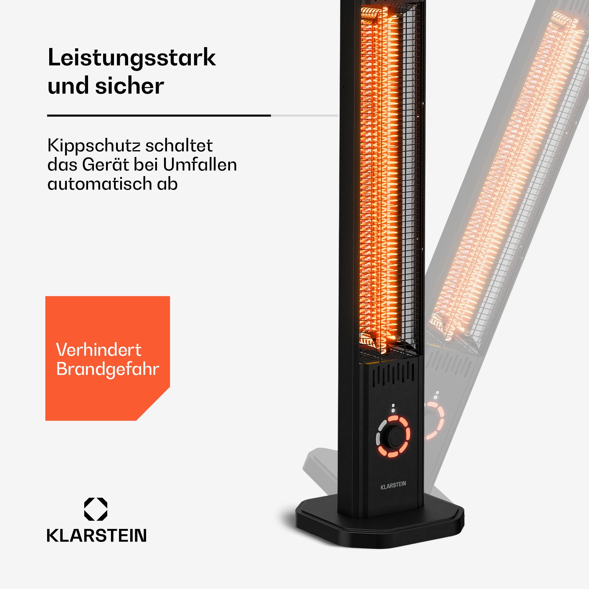 Klarstein Infrarotheizung Standgerät 2000W – 8 Stufen, Fernbedienung, Timer, IP65, Kippschutz, Wandmontage & Standfuß, leise, für Außenbereich bis 15 m², Infrarot Heizung
