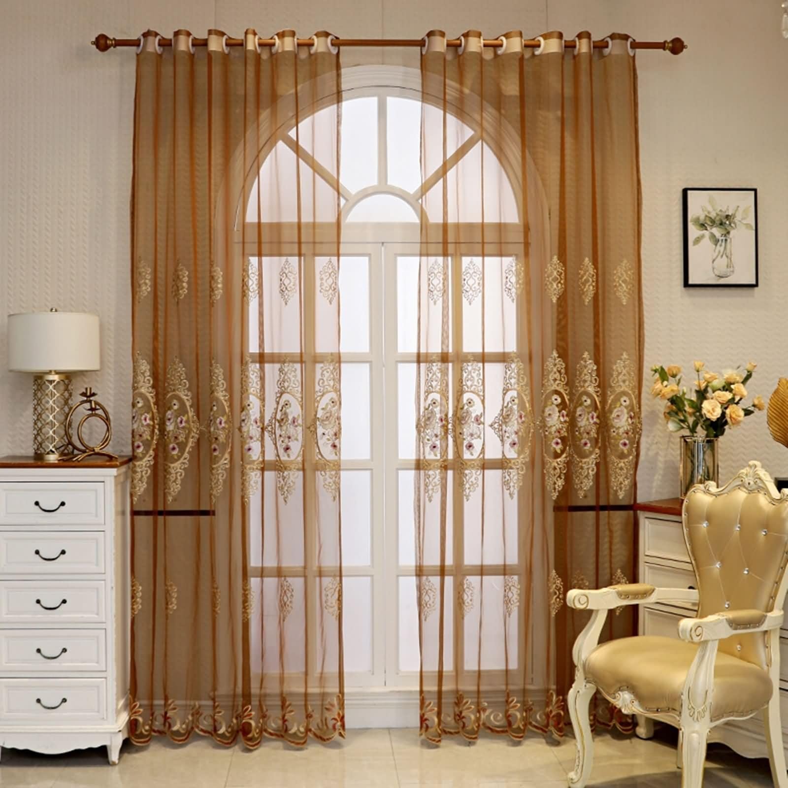 Voilage rideau fenetre marron brodé idéal pour petite fenêtre de chambre