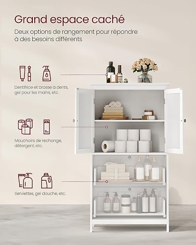 VASAGLE Bathroom Cabinet, Bathroom Storage Unit, Freestanding Cabinet with 2 Drawers and 2 Doors, Adjustable Shelf, 30 x 60 x 110 cm, White BBC551P31 - 4