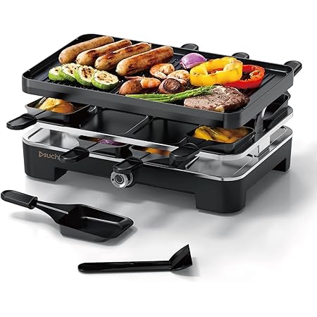 Küchenprofi VISTA8 Raclette voor 8 personen, roostervaste steel met marmeren top, 8 antiaanbakpannen en 8 spatels, elektrische tafelgrill