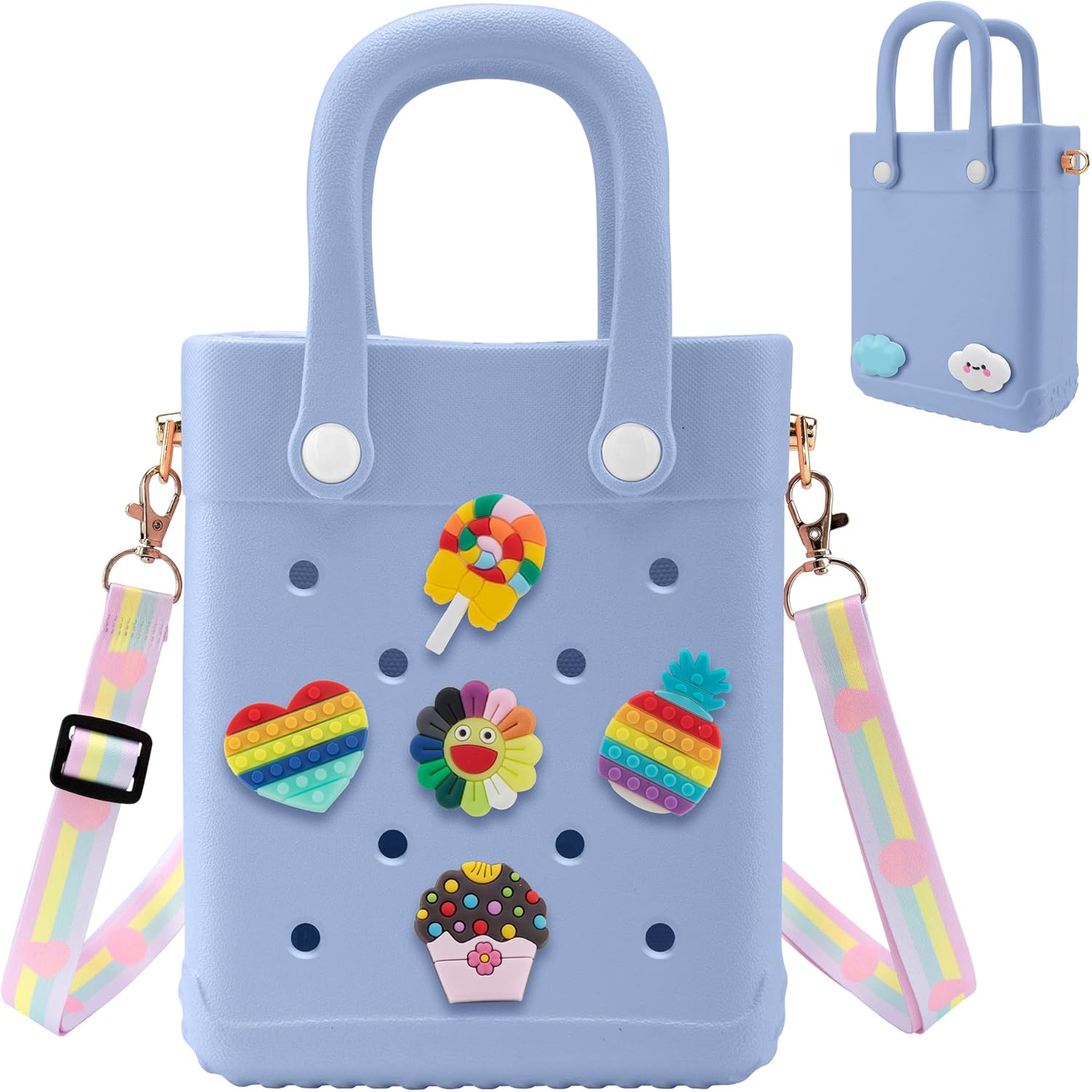 Mini Rubber Tote Bag, EVA Beach Tote with 30 Charms, Cute Bag for Little Girl & Women with Adjustable Shoulder Strap