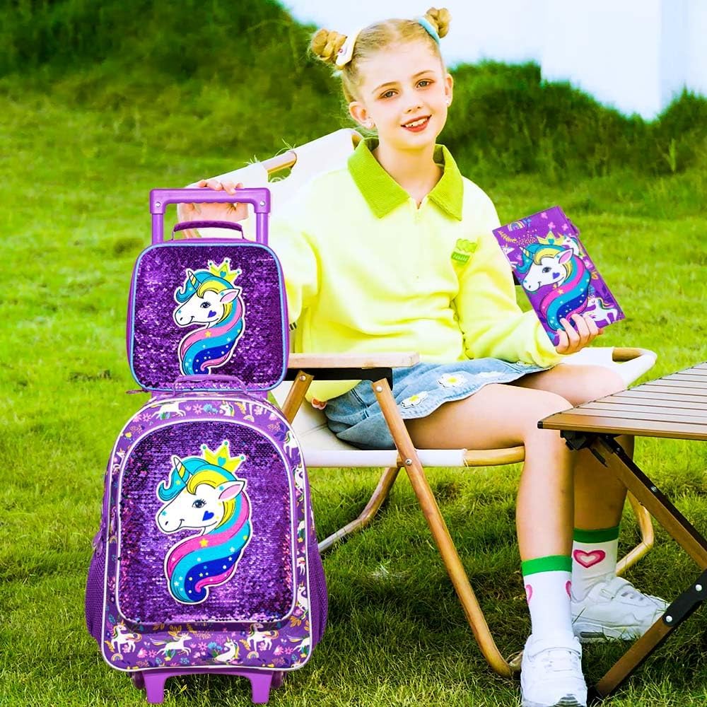 Kids Rolling Backpack for Girls, Roller Wheels Bookbag - Wheeled Elementary Sequin School Bag - 3PCS Unicorn Purple - Image 7