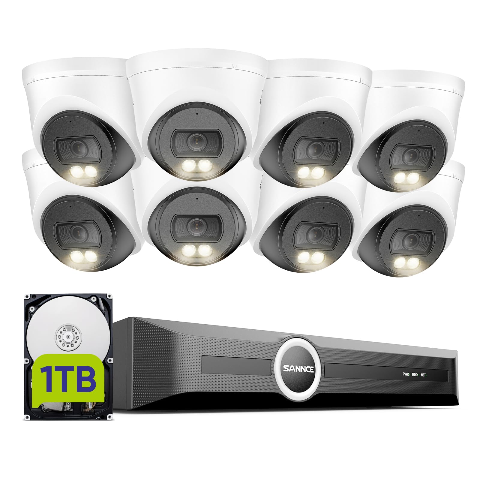 SANNCE Kit de cámaras de vigilancia PoE 5MP 8CH NVR + 4 cámaras IP 2K Impermeables con 1TB HDD, Leds IR Inteligentes, detección de Movimiento, Alarma por App, visión Nocturna de hasta 20 Metros