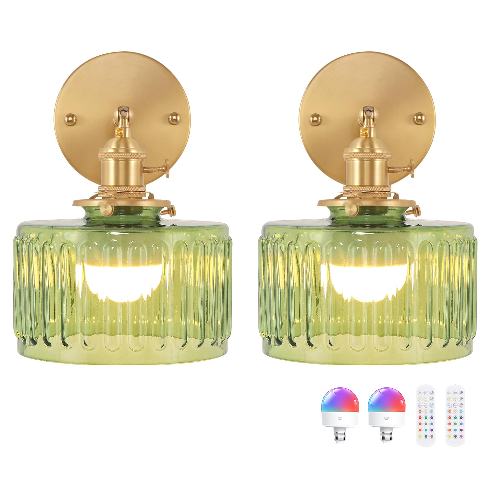 Shenmoyl Vintage Battery Operated Wall Sconce with Green Striped Glass Lampshade 5000 mAh Rechargeable Battery Powered Wall Light with Remote Control for Bedside Bedroom Doorway, Set of 2